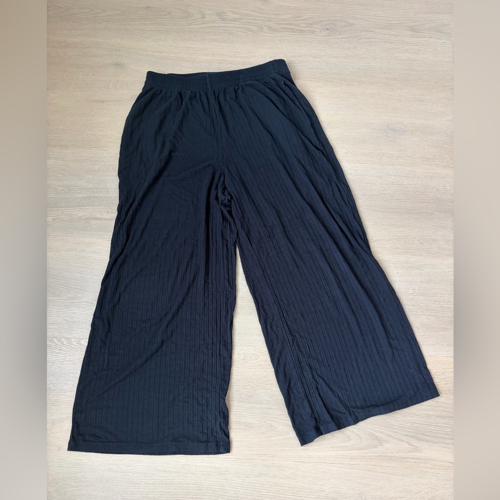 Wide Leg Black Ribbed Pants
